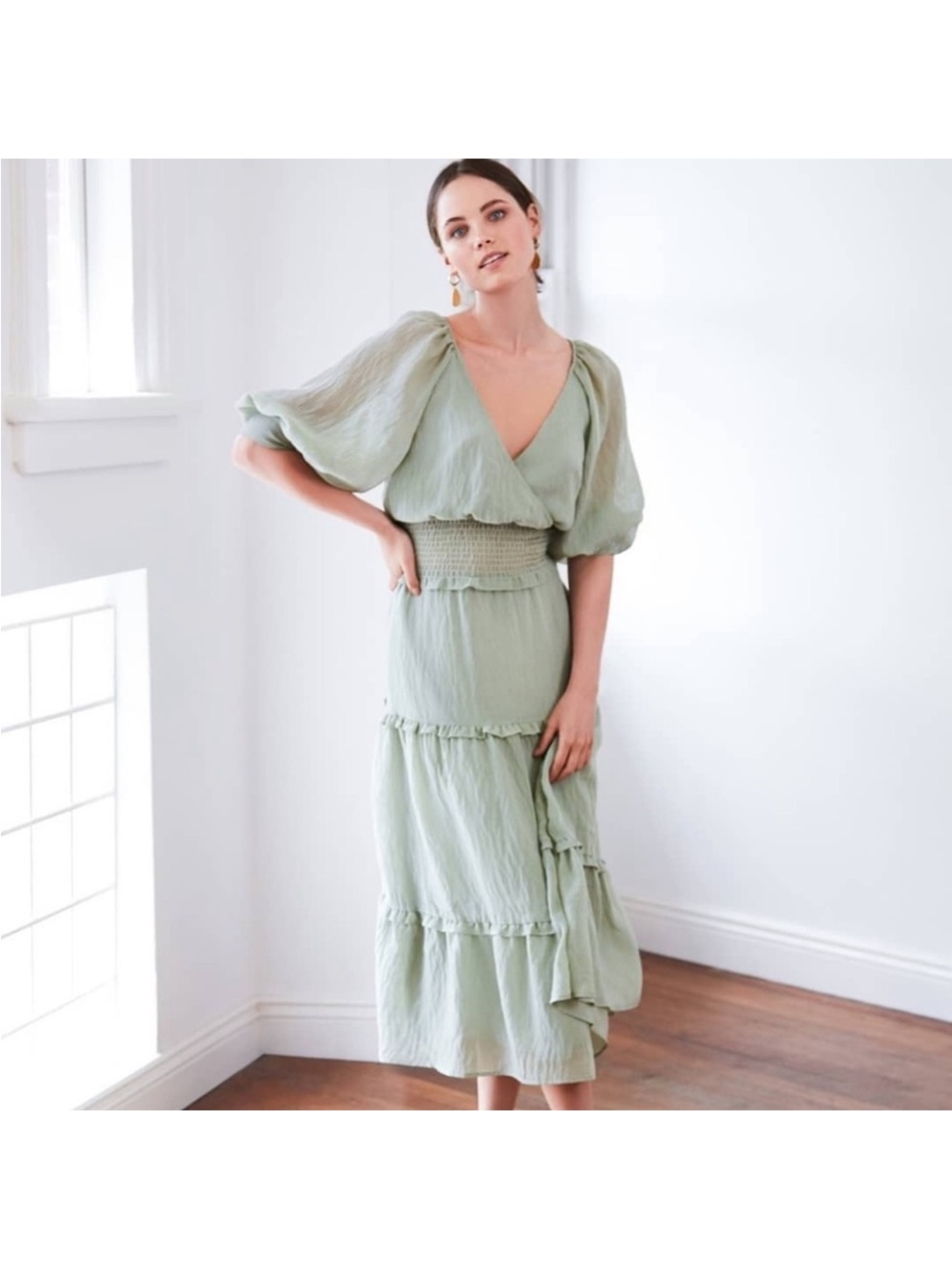 Sage Puff-Sleeve Maxi Dress with Smocked Waist